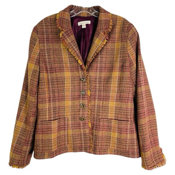 Coldwater Creek Jackets & Blazers - Vintage tan burgundy plaid wool preppy fringe office academia button blazer 14